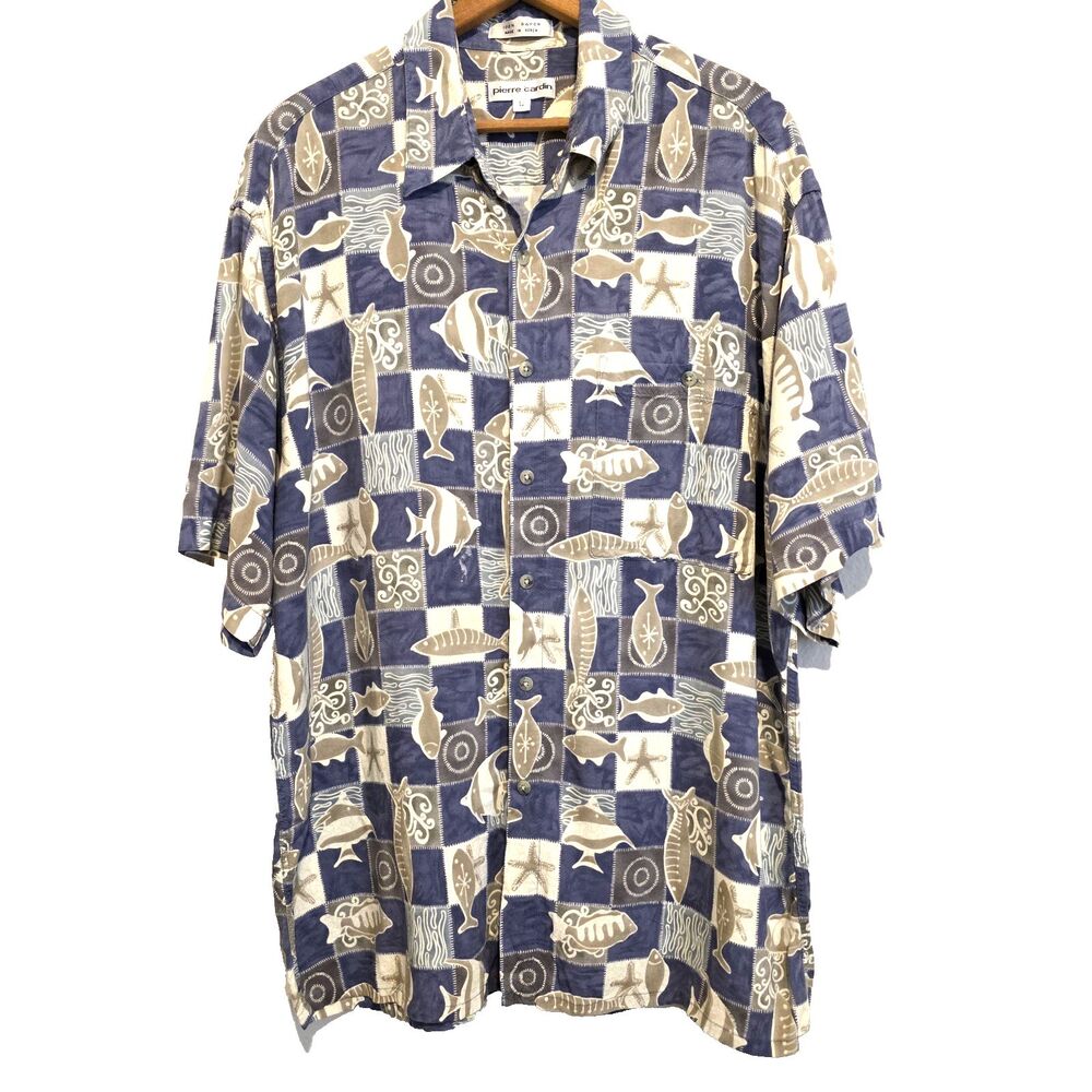 VTG Pierre Cardin Hawaiian Shirt Aloha Beach Island Camp Blue Fish Men's L - Picture 2 of 8